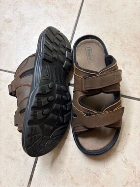 Propet Brown Men's Leather Double-Strap Slide Sandals